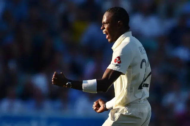 England's Jofra Archer celebrates taking the wicket of Australia's Nathan Lyon on the second day of the fifth Ashes cricket Test match between England and Australia at The Oval