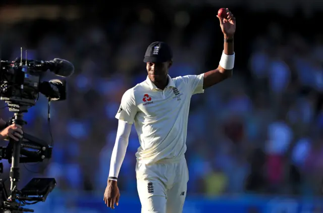 Jofra Archer celebrates at the end of the first innings during day two of the fifth test match at The Oval