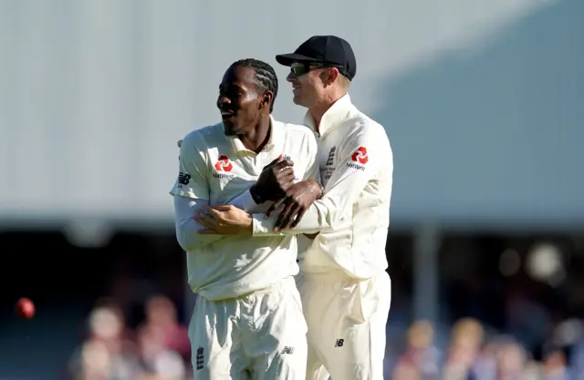 Jofra Archer and Joe Denly celebrate