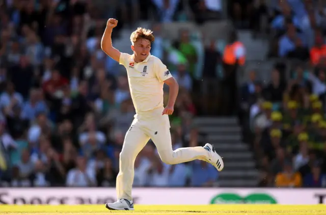 Sam Curran of England celebrates the wicket of Pat Cummins of Australia