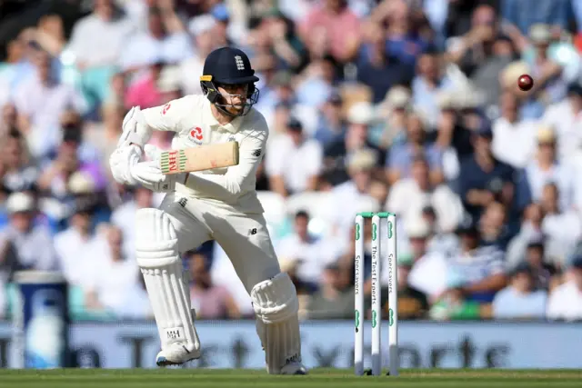 Jack Leach of England drives during Day Two of the 5th Specsavers Ashes Test between England and Australia at The Kia Oval