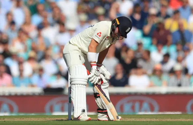 Rory Burns reacts after being dismissed during day three of the fifth test match at The Kia Oval