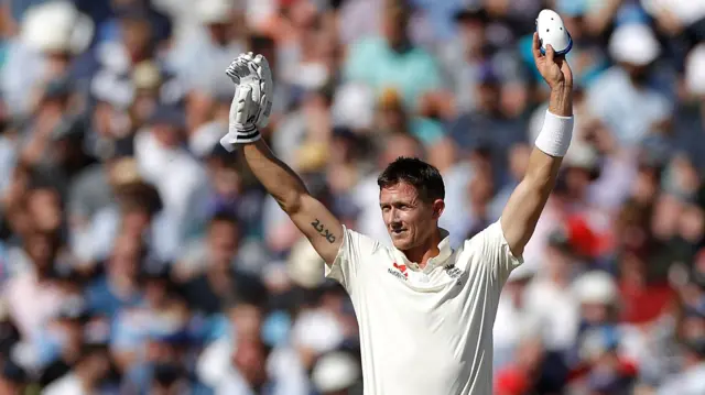 Joe Denly of England calls for a new protector after being struck in the groin during day three of the 5th Specsavers Ashes Test between England and Australia at The Kia Oval