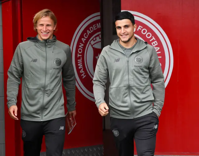 Celtic's Moritz Bauer and Mohamed Elyounoussi