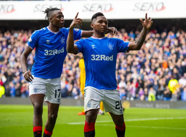 Alfredo Morelos (right) celebrates scoring Rangers' second goal