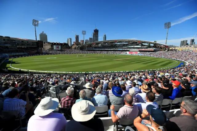 Crowds watch the action during day three of the fifth test match at The Kia Oval