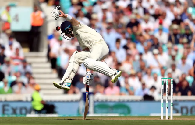 Joe Denly survives a run out attempt during day three of the fifth test match at The Kia Oval