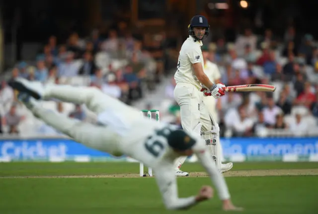 Chris Woakes of England edges behind to Steve Smith of Australia during Day Three of the 5th Specsavers Ashes Test between England and Australia at The Kia Oval