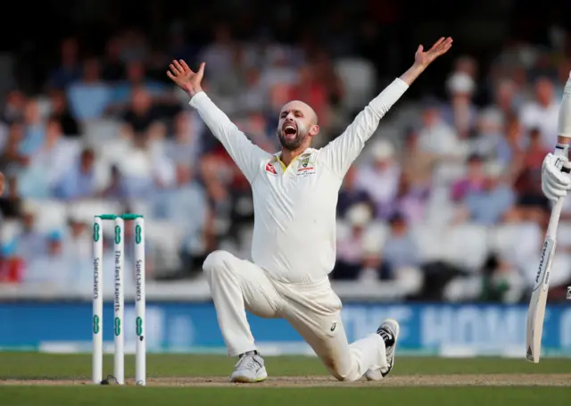 Australia's Nathan Lyon appeals the wicket of England's Jos Buttler