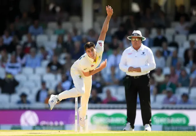 Pat Cummins of Australia bowls during Day Three of the 5th Specsavers Ashes Test between England and Australia at The Kia Oval