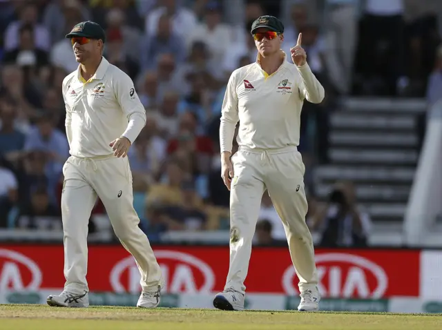 Steve Smith of Australia reacts after taking a catch to dismiss Jonny Bairstow of England off the bowling off Mitch Marsh of Australia during day three of the 5th Specsavers Ashes Test between England and Australia at The Kia Oval