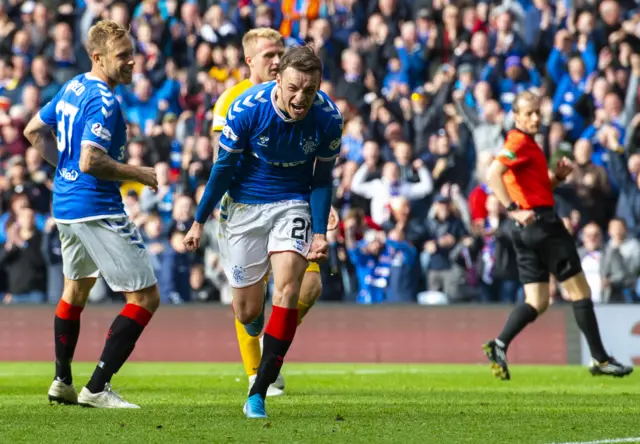 Rangers' Brandon Barker celebrates scoring