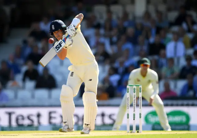 Joe Denly of England drives during Day Three of the 5th Specsavers Ashes Test between England and Australia at The Kia Oval