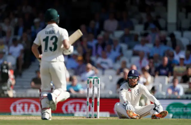 Jonny Bairstow (right) reacts during day four of the fifth test match at The Kia Oval