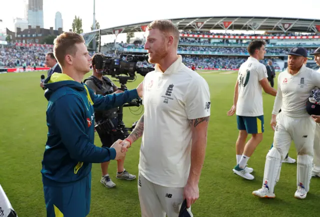 Australia's Steve Smith and England's Ben Stokes shake hands after the match