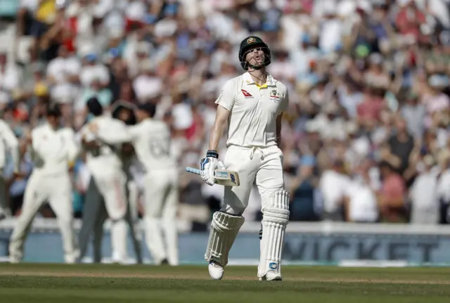 Steve Smith of Australia looks dejected after being dismissed by Stuart Broad of England during day four of the 5th Specsavers Ashes Test between England and Australia at The Kia Oval