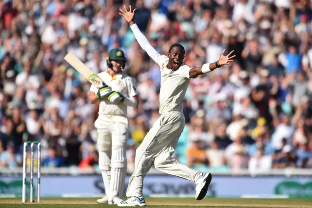 England's Jofra Archer appeals unsuccessfully for the wicket of Australia's captain Tim Paine during play on the fourth day of the fifth Ashes cricket Test match between England and Australia at The Oval