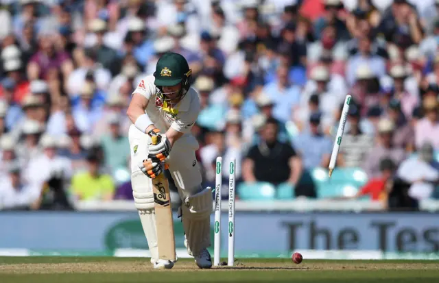 Marcus Harris of Australia is bowled by Stuart Broad of England during Day Four of the 5th Specsavers Ashes Test between England and Australia at The Kia Oval