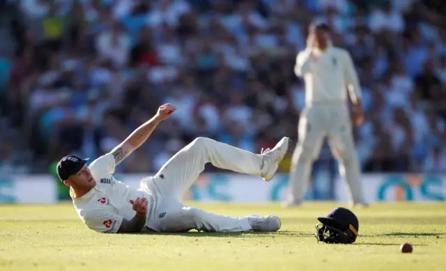 England's Ben Stokes drops a catch on Australia's Matthew Wade