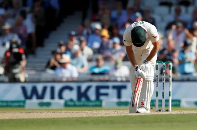 Mitchell Marsh looks dejected after being caught out