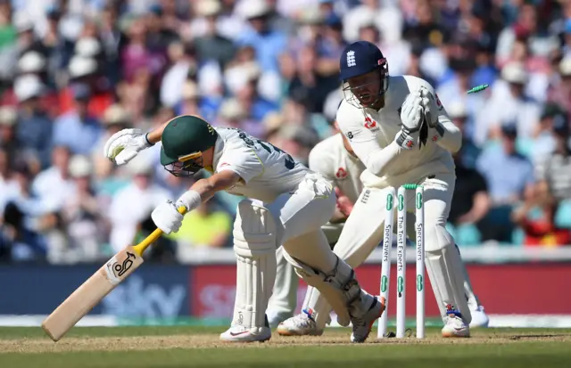 Jonny Bairstow of England stumps Marnus Labuschagne of Australia during Day Four of the 5th Specsavers Ashes Test between England and Australia at The Kia Oval