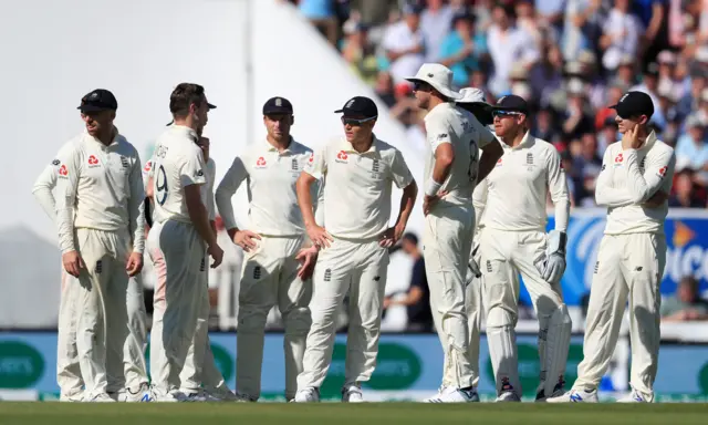 England react after a no ball rules out a wicket from Chris Woakes during day four of the fifth test match at The Kia Oval