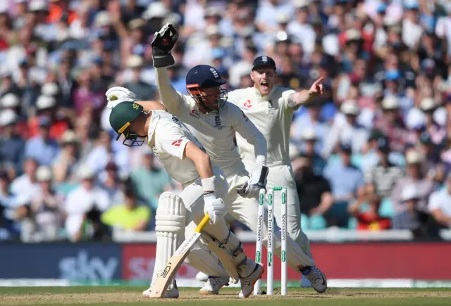 Jonny Bairstow of England stumps Marnus Labuschagne of Australia during Day Four of the 5th Specsavers Ashes Test between England and Australia at The Kia Oval