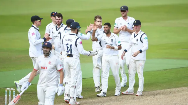 Jeetan Patel of Warwickshire celebrates after getting Nick Browne of Essex out