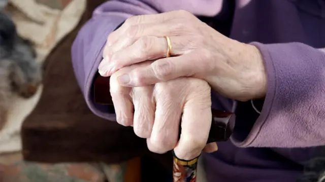 Elderly woman's hands holding a walking stick