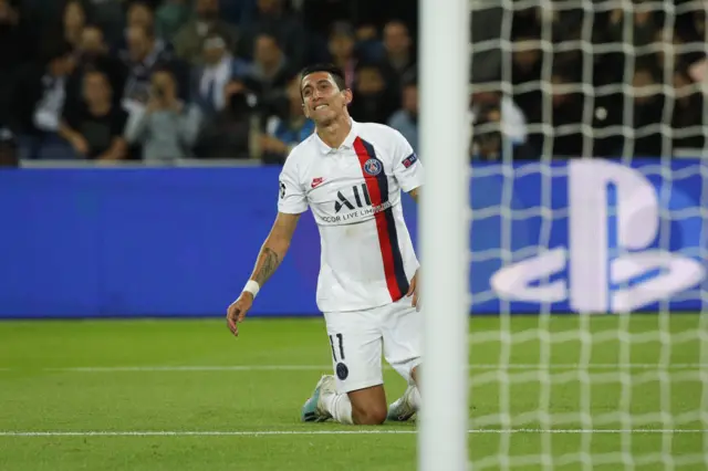 Angel di Maria reacts after missing a chance to clinch a hat-trick