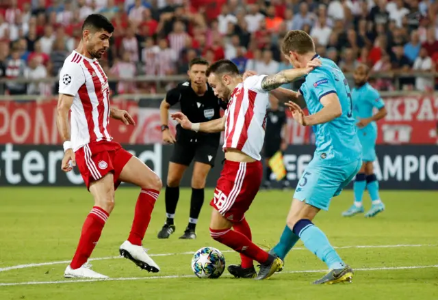 Jan Vertonghen fouls Mathieu Valbuena as Tottenham concede a penalty that leads to the Olympiakos equaliser