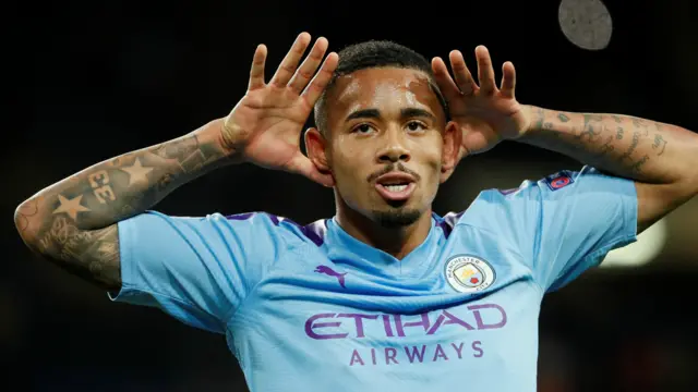 Gabriel Jesus puts his hands behind his ears after scoring