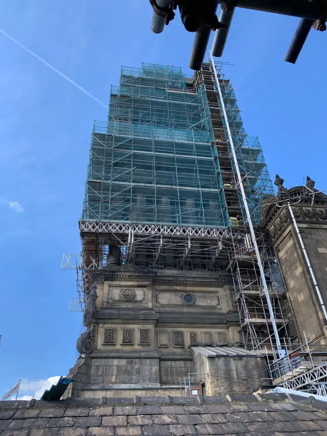 Leeds Town Hall clock tower with scaffolding on