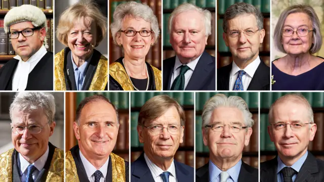 Top row (from left): Lord Sales, Lady Arden, Lady Black, Lord Kerr, Lord Hodge, Lady Hale. Second row (from left): Lord Kitchin, Lord Lloyd-Jones, Lord Carnwath, Lord Wilson, Lord Reed