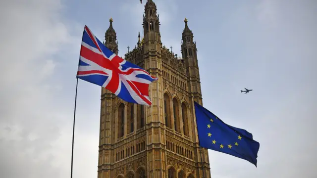 Union Flag and EU flag flying outside the Houses of Parliament