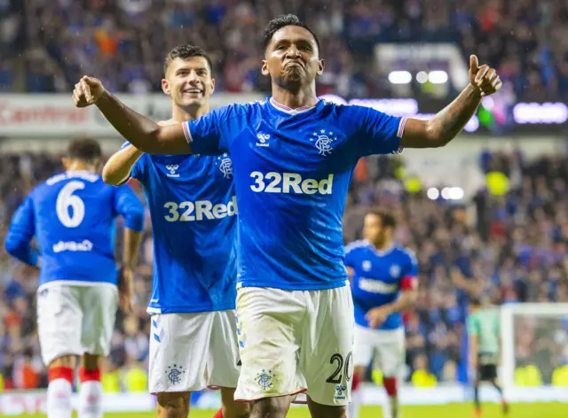 Rangers striker Alfredo Morelos celebrates scoring in the Europa League qualifiers