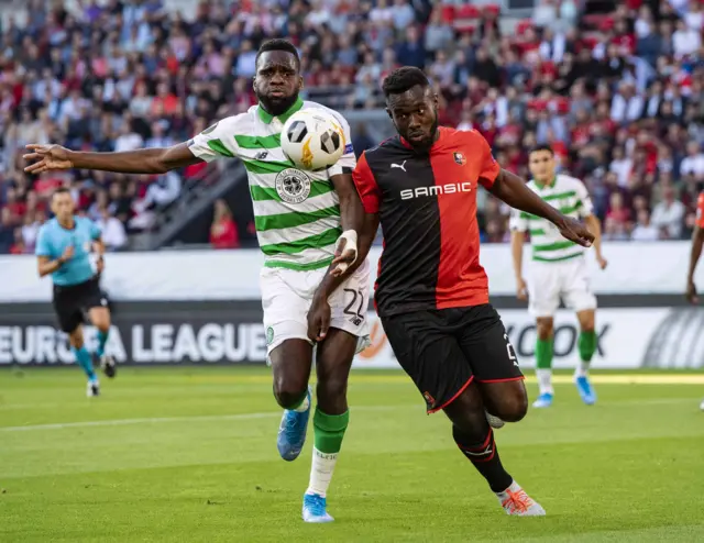 Celtic's Odsonne Edouard vies for possession with Stade Rennais' Joris Gnagnon