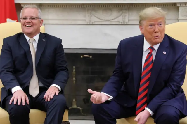 Scott Morrison and U.S. President Donald Trump speak to reporters