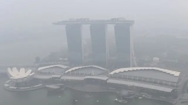 Marina Bay Sands hotel covered in haze