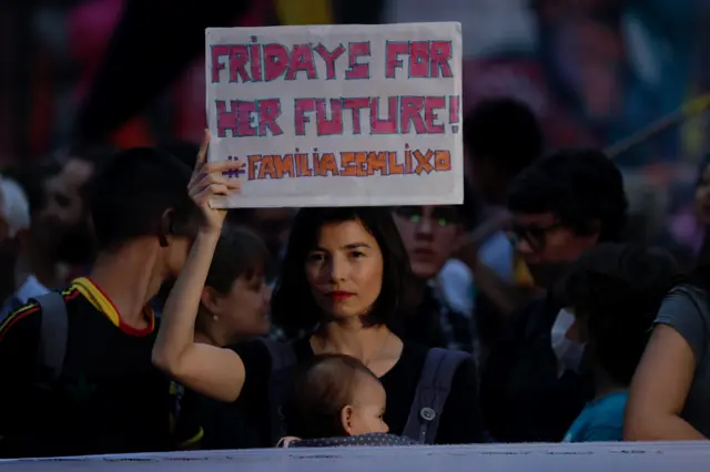 Dozens of people demonstrate on the occasion of the global climate strike, in Sao Paulo