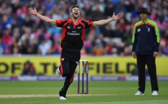 Mark Wood celebrates a wicket