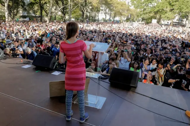 Greta Thunberg addressing the crowd in Manhatten