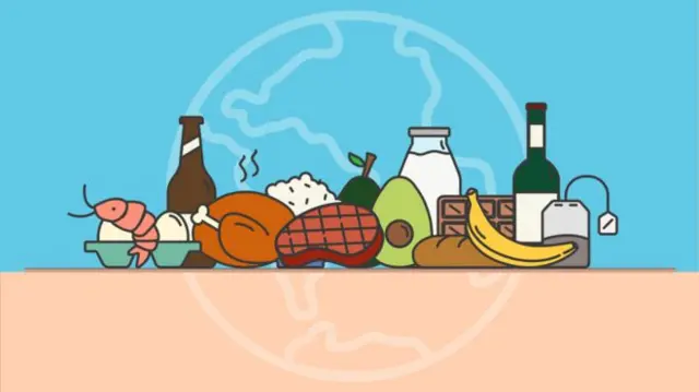 Illustration of different types of food against a globe