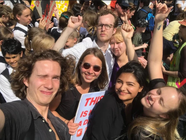 Jed Finnane and his friends in the middle of the Sydney protest