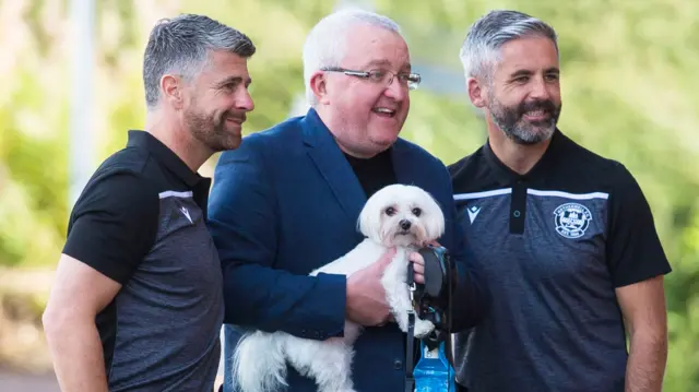 Stephen Robinson and Keith Lasley this week with BBC Scotland's Tam Cowan and dog Casper (middle bottom)