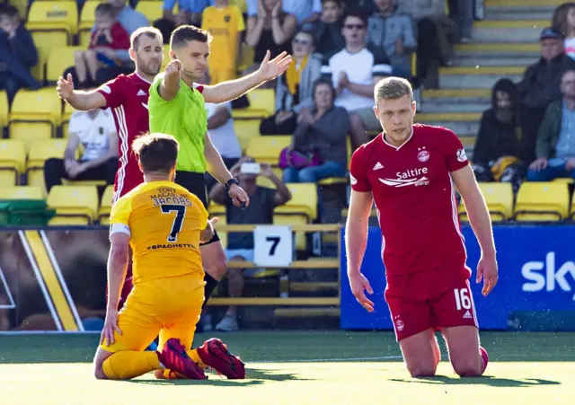 Aberdeen are awarded a penalty after Livingston's Keaghan Jacobs (left) fouls Sam Cosgrove