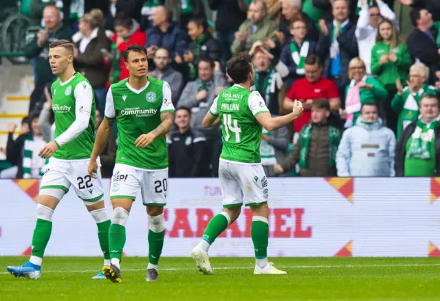 Stephen Mallan celebrates after scoring to make it 1-0 Hibs