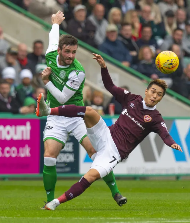 Hibs' Jason Naismith and Hearts Ryotaro Meshino in action at Easter Road