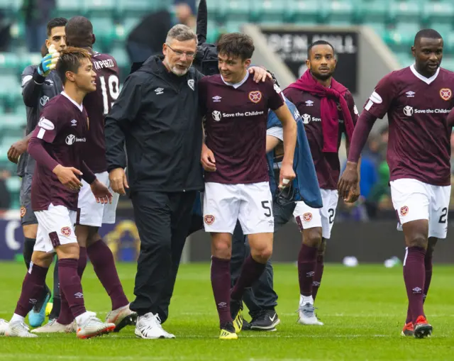 Hearts manager Craig Levein congratulates his players