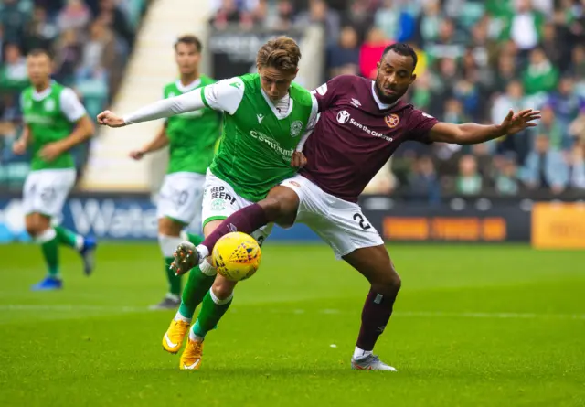 Hibs' Scott Allan and Loic Damour vie for possession